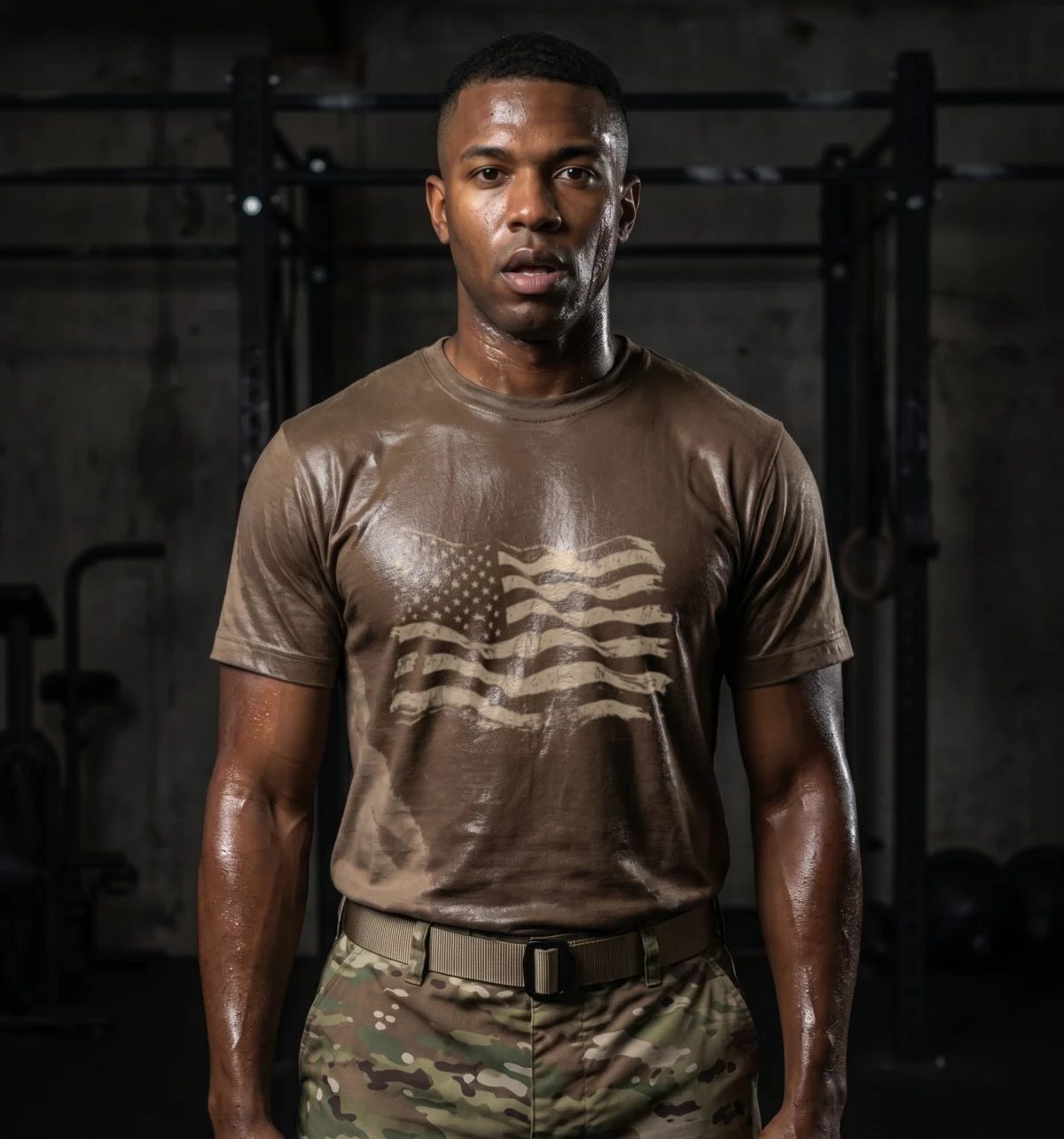 Soldier mid-workout, sweat-darkened Covert X tee revealing the flag insignia in dry tan
